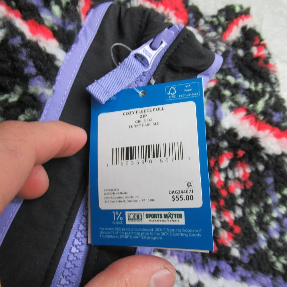 DSG Aztec Jacket Girls Medium Black Cozy Fleece Full Zip Funky Fair Isle $55 NEW